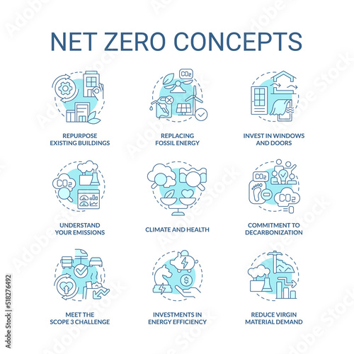 Net zero turquoise concept icons set. Reducing pollution process. Carbon removal idea thin line color illustrations. Isolated symbols. Editable stroke. Roboto-Medium, Myriad Pro-Bold fonts used