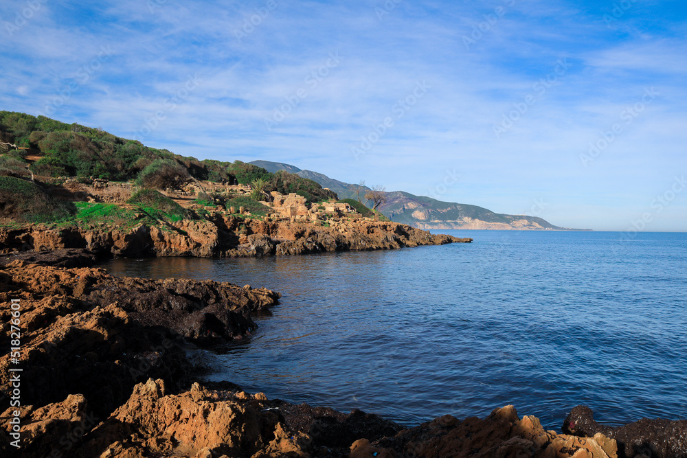 Ancient Ruins of Roman Tipasa with the Nice View to the Mediterranean coastline near Tipaza city, Algeria