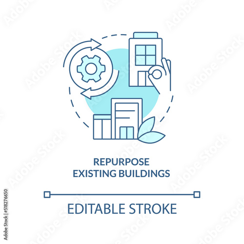 Repurpose existing buildings turquoise concept icon. Carbon neutralization strategy abstract idea thin line illustration. Isolated outline drawing. Editable stroke. Arial, Myriad Pro-Bold fonts used