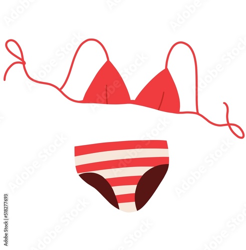 Summer bikini with string bra and panties. Women bathing suit with triangle cup top and bottom. Modern beach swim wear, female swimsuit. Flat  illustration isolated on white background