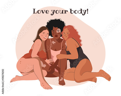 Group of multi cultural young happy Women in Swimsuits or Underwear. Body Positive movement and beauty Diversity. Love your Body or Body Positive concept. Flat vector illustration.