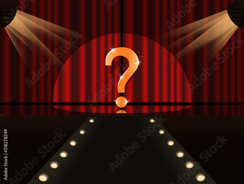 Shining question mark on the stage in the light of spotlights. FAQ on the background of red curtains. Vector illustration.