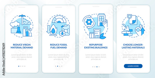 Net zero strategies blue onboarding mobile app screen. Decarbonization walkthrough 4 steps editable graphic instructions with linear concepts. UI, UX, GUI template. Myriad Pro-Bold, Regular fonts used