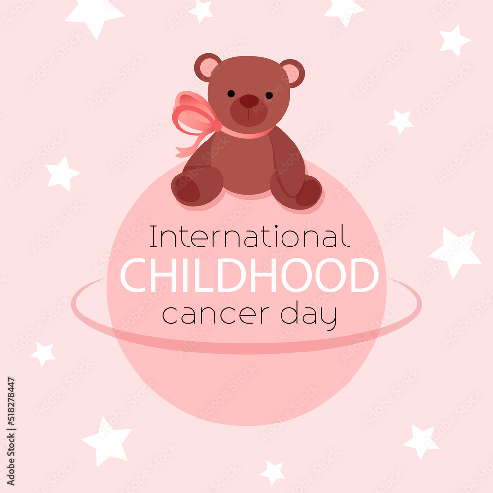 Teddy brown bear sits on the planet in honor of world cancer day