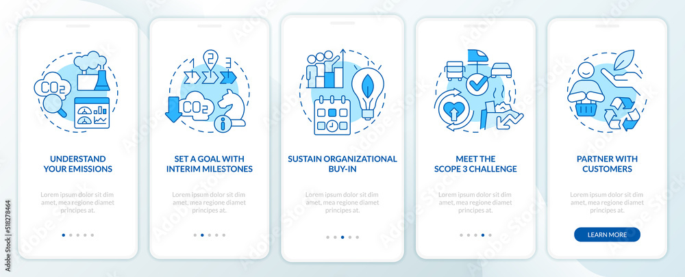 Change to net zero blue onboarding mobile app screen. Reduce emissions walkthrough 5 steps editable graphic instructions with linear concepts. UI, UX, GUI template. Myriad Pro-Bold, Regular fonts used