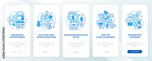 Change to net zero blue onboarding mobile app screen. Reduce emissions walkthrough 5 steps editable graphic instructions with linear concepts. UI, UX, GUI template. Myriad Pro-Bold, Regular fonts used