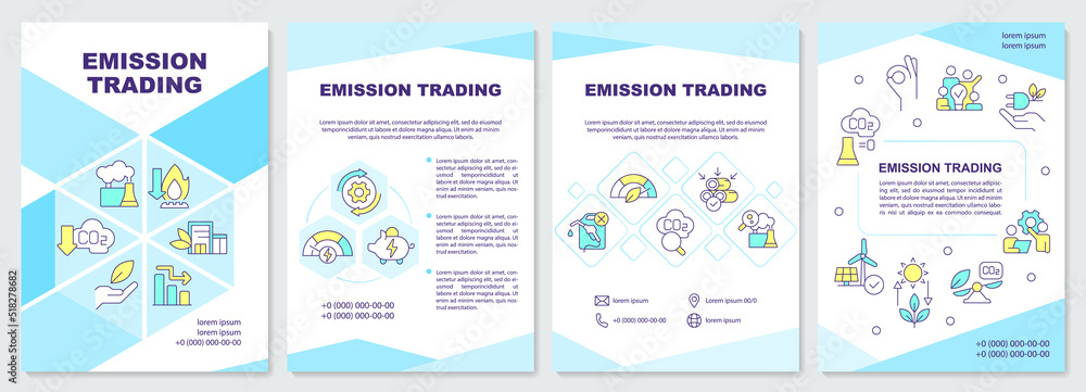 Emission trading blue brochure template. Decarbonization. Leaflet design with linear icons. Editable 4 vector layouts for presentation, annual reports. Arial-Black, Myriad Pro-Regular fonts used
