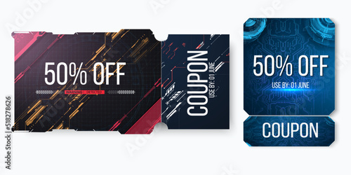 Cyberpunk coupon design. Futuristic, technological ticket template. Isolated modern coupon.Futuristic, technological ticket template. Isolated modern coupon. Vector illustration