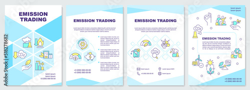 Emission trading blue brochure template. Decarbonization. Leaflet design with linear icons. Editable 4 vector layouts for presentation, annual reports. Arial-Black, Myriad Pro-Regular fonts used