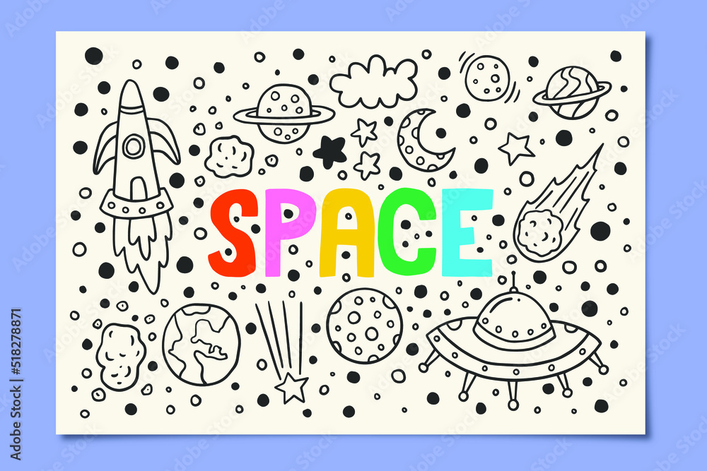 Fototapeta premium Space Themed Lettering Doodle Illustration Design Set