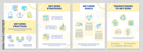 Net zero realization yellow brochure template. Remove carbon. Leaflet design with linear icons. Editable 4 vector layouts for presentation, annual reports. Arial-Black, Myriad Pro-Regular fonts used