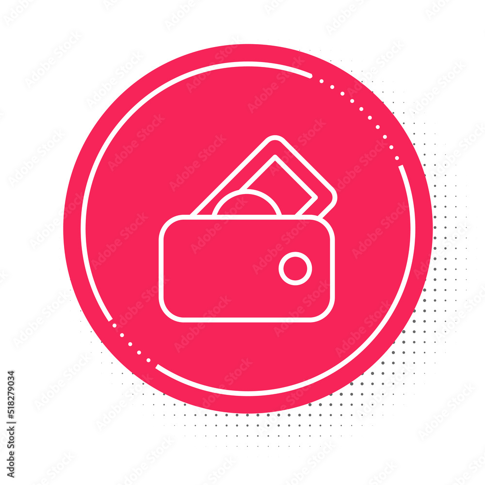 White line Wallet with money icon isolated on white background. Purse icon. Cash savings symbol. Red circle button. Vector White line Wallet with money icon isolated on white background. Purse icon. Cash savings symbol. Red circle button. Vector
