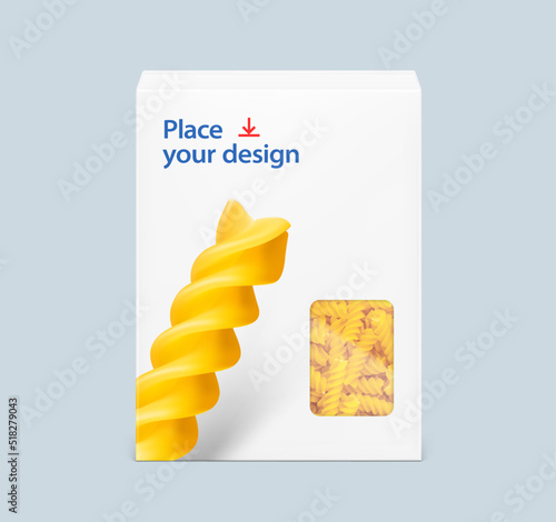 Hyper realistic cardboard box mockup. Vector illustration. Sample with food design. Easy to place your design. EPS10.	