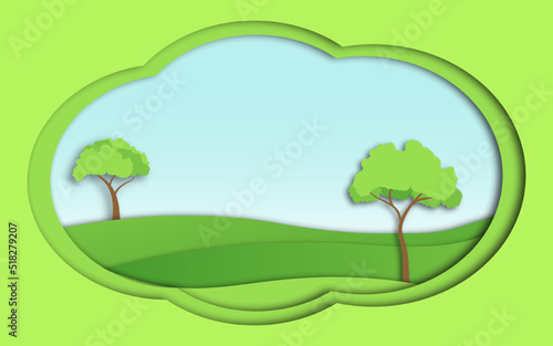 Eco green nature forest scenery landscape . Nature landscape  with hills  trees  sun  blue sky and mountains creative idea concept  in paper cut craft art style. Vector illustration. 