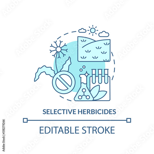 Selective herbicides turquoise concept icon. Source of agricultural productivity abstract idea thin line illustration. Isolated outline drawing. Editable stroke. Arial, Myriad Pro-Bold fonts used