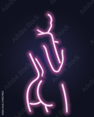 Abstract neon woman body linear art over dark background. Vector illustration