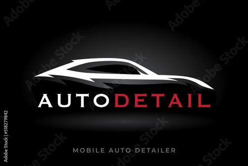 Sports vehicle auto detailer logo. Luxury motor car detailing emblem. Auto garage silhouette icon. Automotive dealership showroom symbol. Vector illustration.