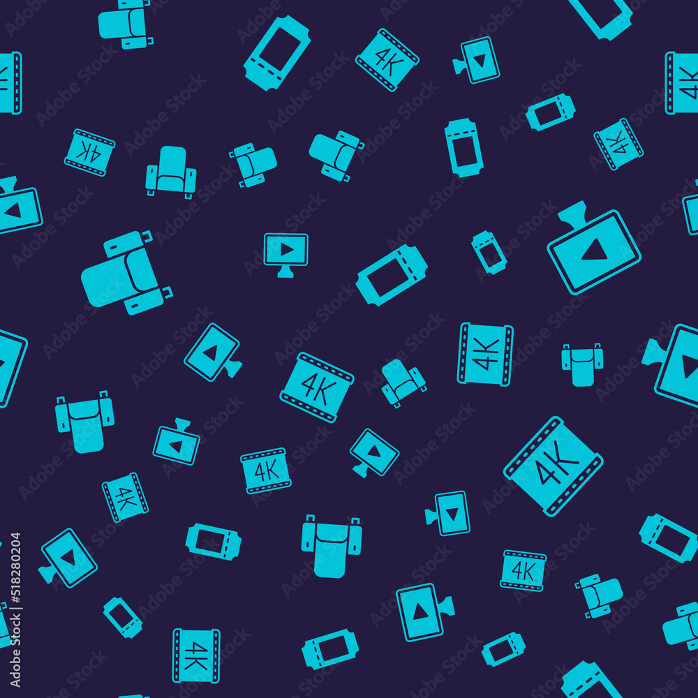 Set Cinema chair, Online play video, ticket and 4k movie on seamless pattern. Vector Set Cinema chair, Online play video, ticket and 4k movie on seamless pattern. Vector