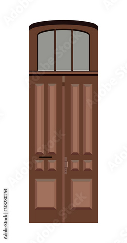 Entrance double door, thin brown wooden portal with glass windows. Entry front doorway, european style design.
