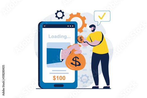 E-payment process concept with people scene in flat cartoon design. Man makes financial transaction in application and receives cash from bank account. Vector illustration visual story for web