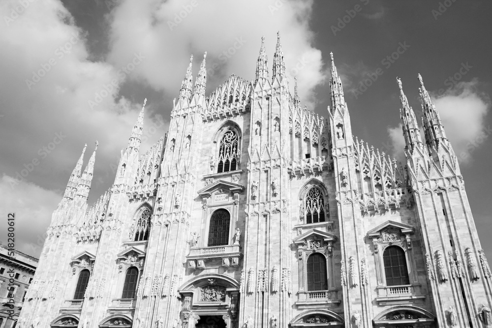 Milan cathedral. Black and white photo of Milan, Italy.