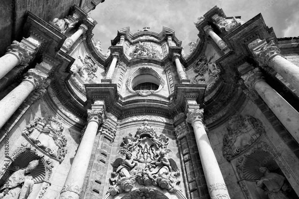 Valencia Cathedral, Spain. Black and white photo of Valencia, Spain.