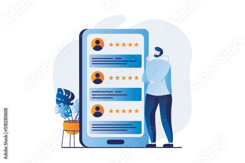 Feedback page concept with people scene in flat cartoon design. Man reads comments with stars of other customers and makes choice. Customer satisfaction. Vector illustration visual story for web