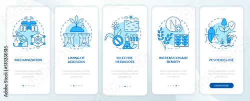 Agricultural productivity sources blue onboarding mobile app screen. Walkthrough 5 steps editable graphic instructions with linear concepts. UI, UX, GUI template. Myriad Pro-Bold, Regular fonts used