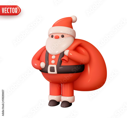 Santa Claus with Christmas bag gifts. Festive cute character. Realistic 3d design element In plastic cartoon style. Icon isolated on white background. Vector illustration