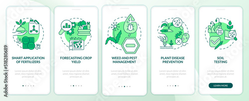 Increased crop yield green onboarding mobile app screen. Agribusiness walkthrough 5 steps editable graphic instructions with linear concepts. UI, UX, GUI template. Myriad Pro-Bold, Regular fonts used