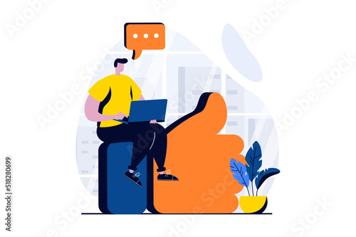 Feedback page concept with people scene in flat cartoon design. Man leaves like and comment with his experience and recommendations. Customer satisfaction. Vector illustration visual story for web