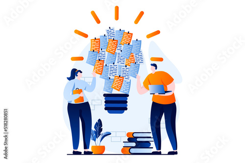 Finding solution concept with people scene in flat cartoon design. Man and woman discussing work tasks, brainstorming, creativity and idea generation together. Vector illustration visual story for web