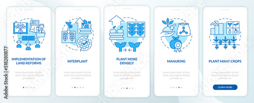 Increasing farming productivity blue onboarding mobile app screen. Walkthrough 5 steps editable graphic instructions with linear concepts. UI, UX, GUI template. Myriad Pro-Bold, Regular fonts used