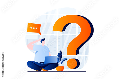 Finding solution concept with people scene in flat cartoon design. Man thinks and looks for answer to question, brainstorming, creativity and idea generation. Vector illustration visual story for web