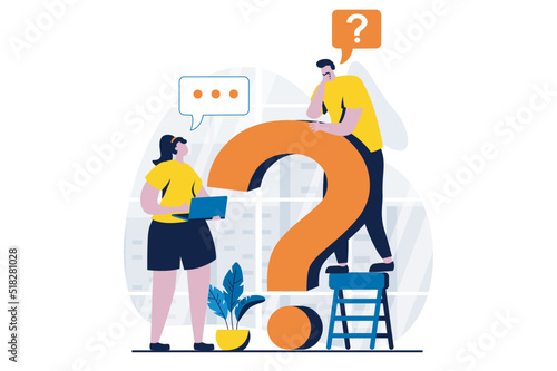 Finding solution concept with people scene in flat cartoon design. Man and woman think and discuss, solve problems and find answers to questions together. Vector illustration visual story for web