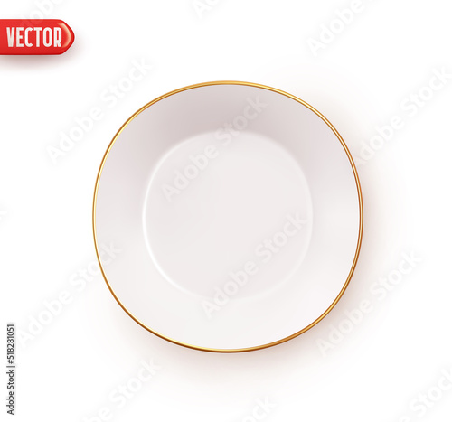 White ceramic plate with gold rim. Round plate flat top view. Realistic 3d design element. Icon isolated on white background. Vector illustration