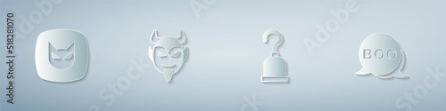 Set Black cat, Devil head, Pirate hook and Boo speech bubble. Paper art style. Vector