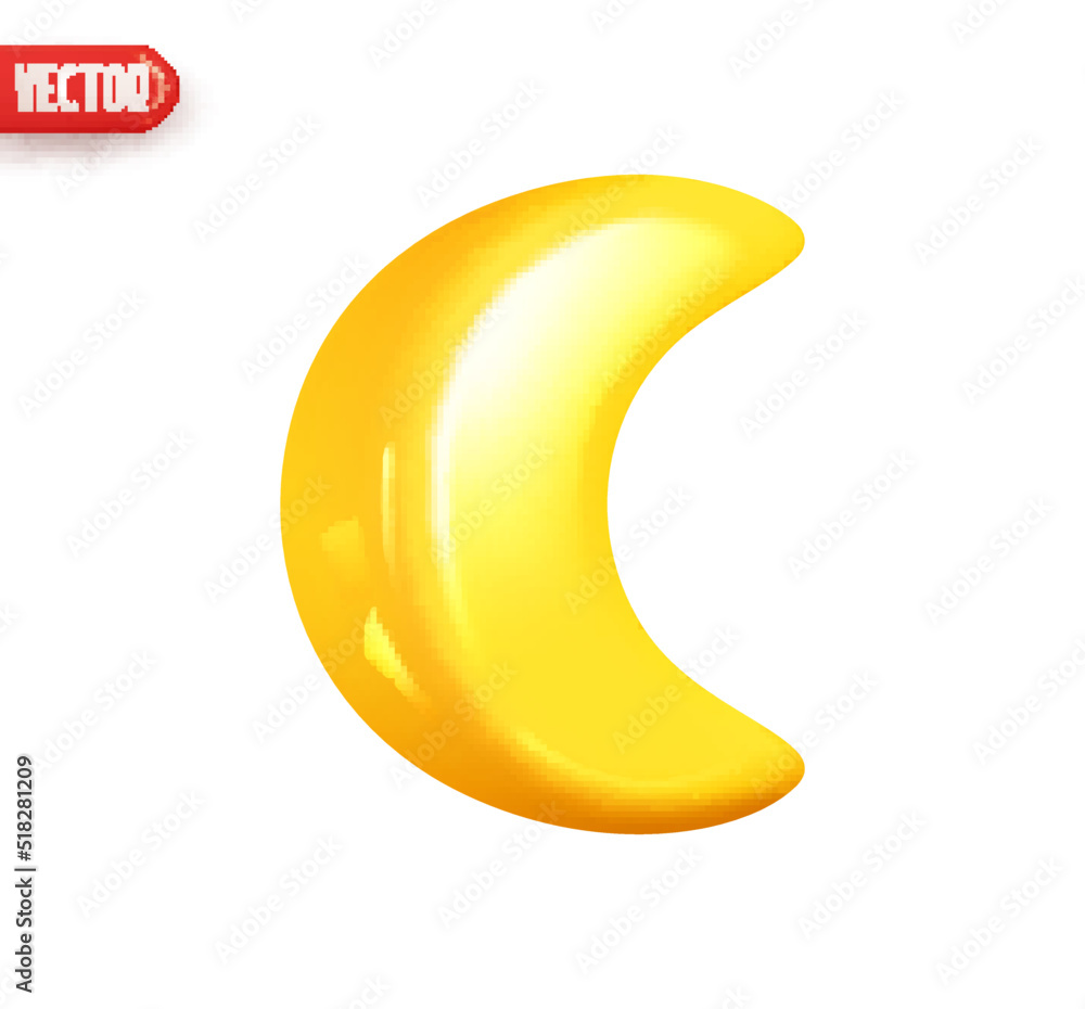 Yellow crescent, golden half moon. Young month Realistic 3d design element In plastic cartoon style. Icon isolated on white background. Vector illustration