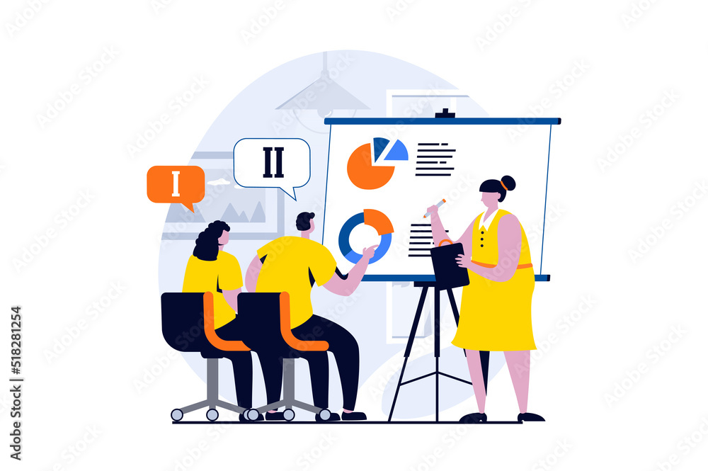 Finding solution concept with people scene in flat cartoon design. Woman shows presentation with data and discusses charts with colleagues at business meeting. Vector illustration visual story for web Finding solution concept with people scene in flat cartoon design. Woman shows presentation with data and discusses charts with colleagues at business meeting. Vector illustration visual story for web