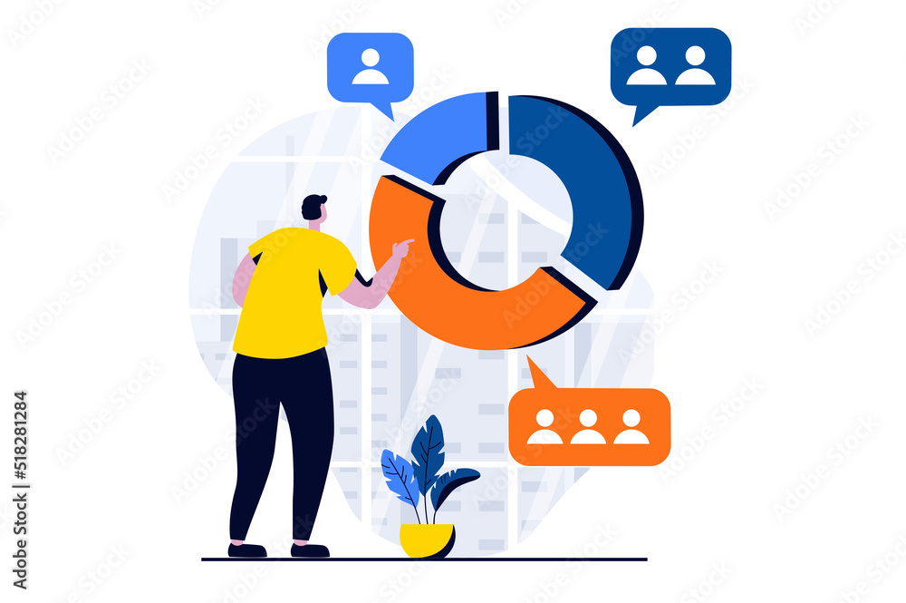 Finding solution concept with people scene in flat cartoon design. Man works with diagram divided into sectors by groups of people, analyzes and brainstorming. Vector illustration visual story for web
