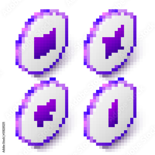 Set Isometric Viking in horned helmet, Shield with swords, Crossed battle hammers and Castle tower icon. Purple hexagon button. Vector