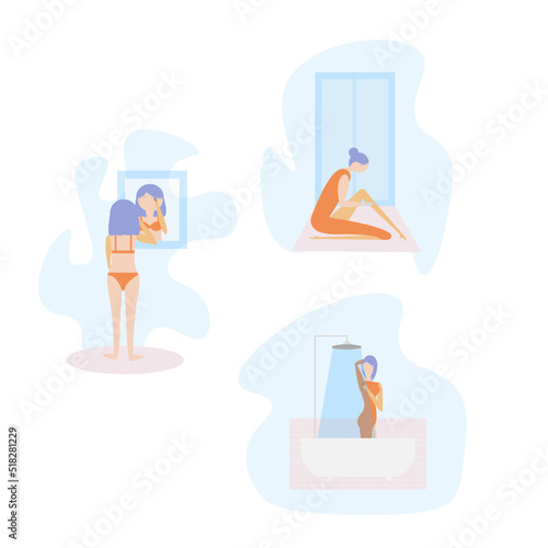 set woman shaving body with razor epilator tweezers doing everyday beauty routine in bathroom taking shower, in front of window, looks in mirror reflection