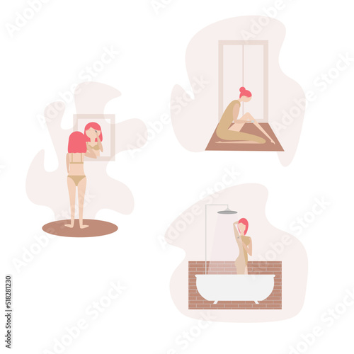set woman shaving body with razor epilator tweezers doing everyday beauty routine in bathroom taking shower, in front of window, looks in mirror reflection