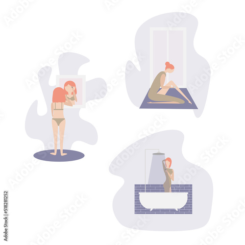 set woman shaving body with razor epilator tweezers doing everyday beauty routine in bathroom taking shower, in front of window, looks in mirror reflection