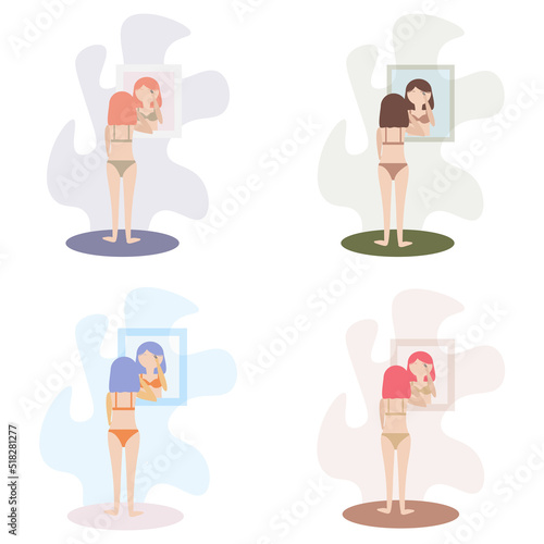 woman looks in mirror reflection shaping eyebrows with tweezers in underwear back flat character set of four different colours