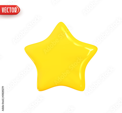 Yellow star. Glossy golden flat star shape. Realistic 3d design element In plastic cartoon style. Icon isolated on white background. Vector illustration