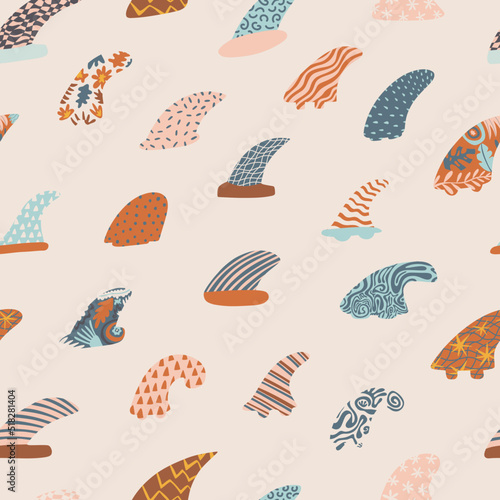 Seamless pattern with surfing fins. Hawaiian summer background. Design for textile, wallpaper, wrapping, backdrop. Vector illustration.