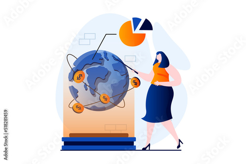 Global economic concept with people scene in flat cartoon design. Businesswoman develops an international company and opens new businesses around world. Vector illustration visual story for web