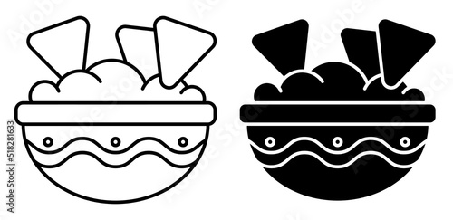 linear icon, bowl of spicy mexican guacamole sauce. Spicy chips, appetizer for main course. Simple black and white vector isolated on white background