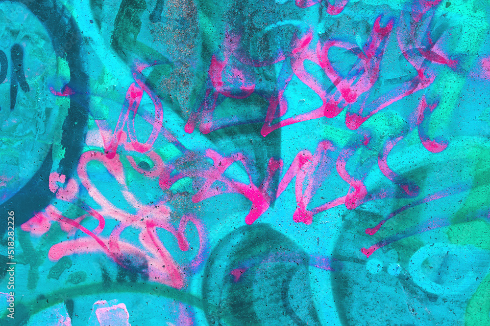 Naklejka premium Closeup of colorful teal, pink and blue urban wall texture. Modern pattern for wallpaper design. Creative modern urban city background for advertising mockups. Grunge messy street style background